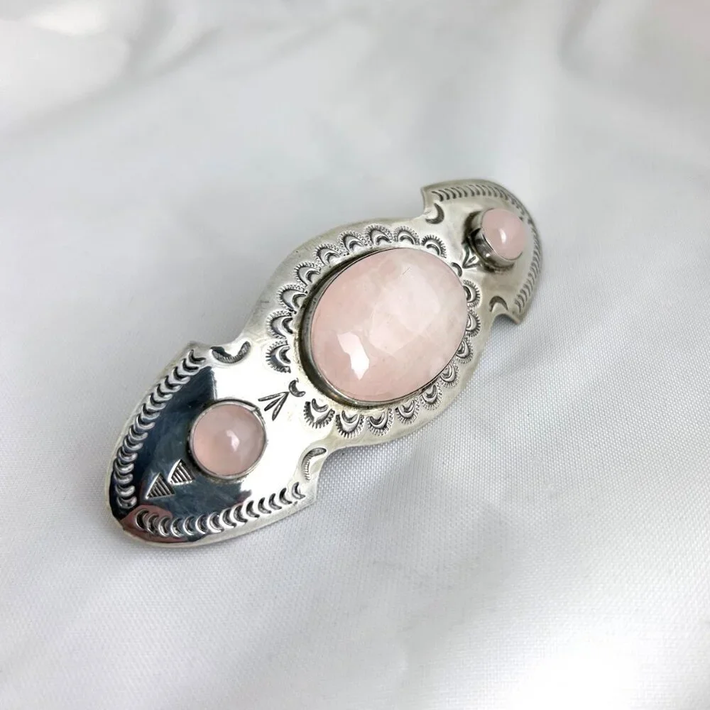 Sterling 925 Silver, Stamped Hair Clip w/ Rose Quartz Cabochons 3.75